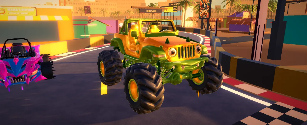 The Mango Monster Truck at golden hour on the Okrika circuit
